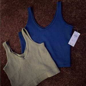 Ribbed Cropped Tank Top Set - Blue and Green